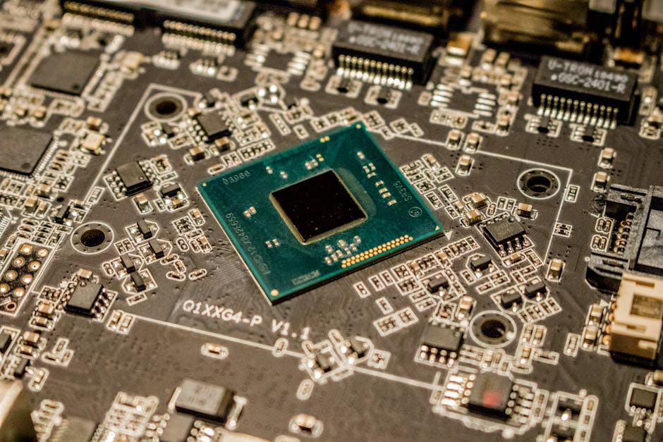 Detailed view of a microchip on a printed circuit board